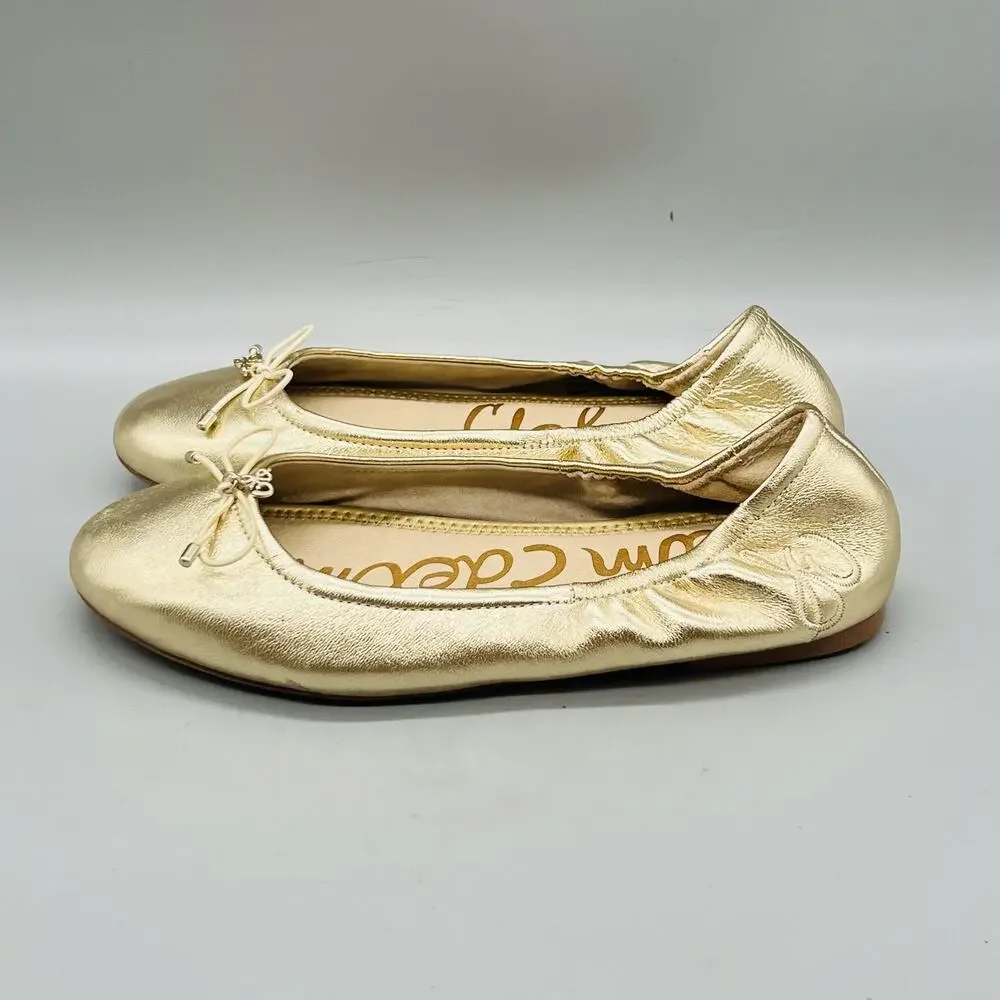 Sam Edelman Shoes Girls 4 Gold Metallic Ballet Flats Bow Slip On Dressy Casual